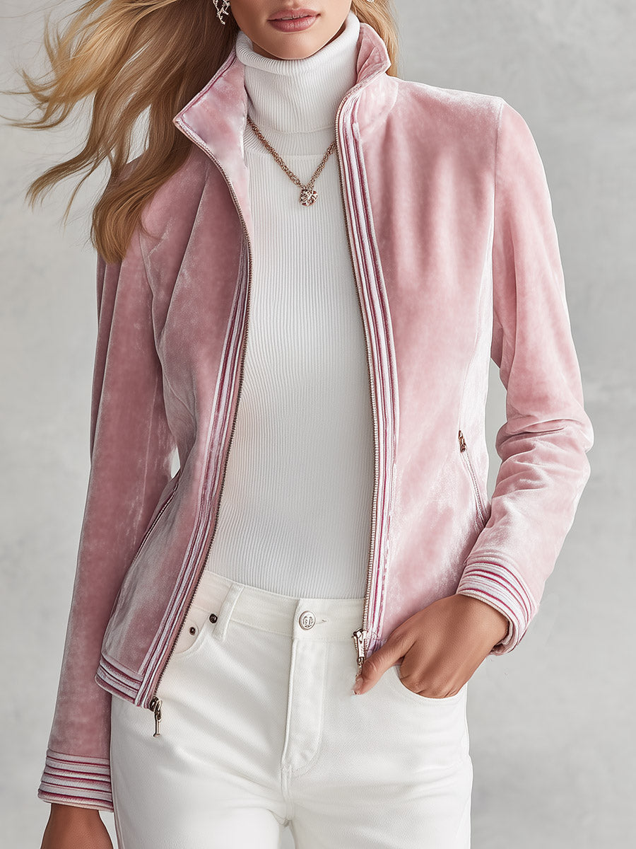 Gilda | Women's Striped-Trim Velvet Zip Jacket