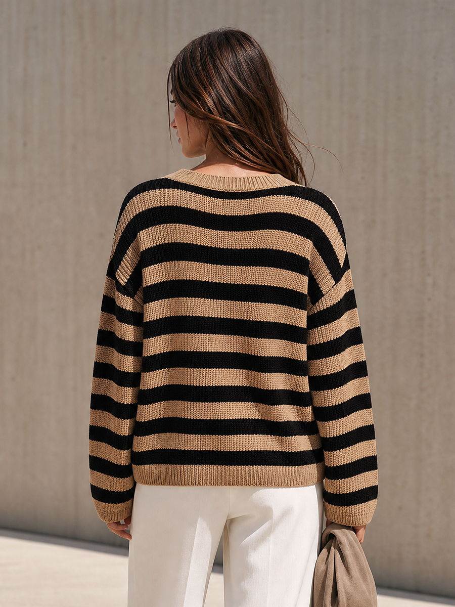Katharine | Women's Striped V-Neck Button-Front Sweater Dress