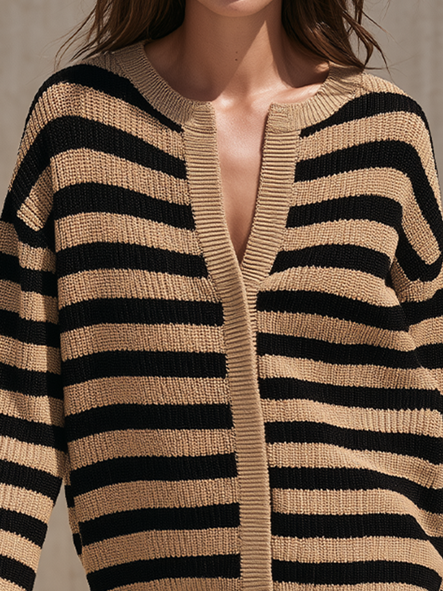 Katharine | Women's Striped V-Neck Button-Front Sweater Dress