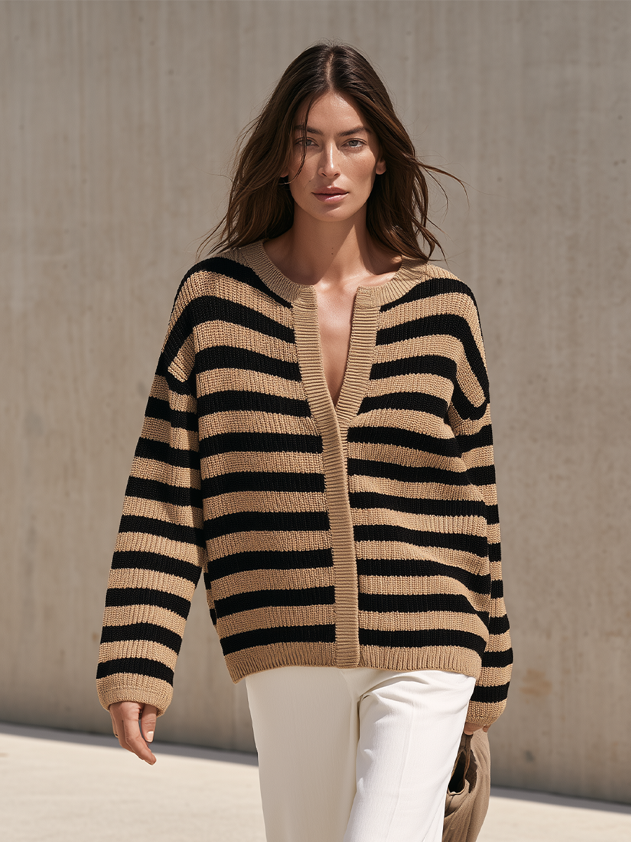 Katharine | Women's Striped V-Neck Button-Front Sweater Dress