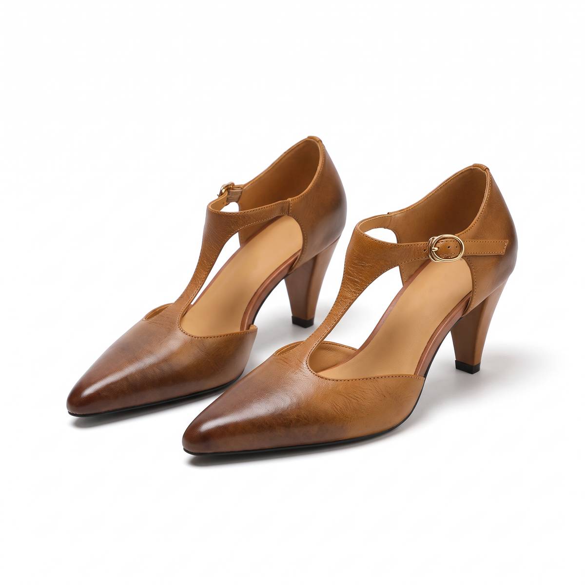 Alma-Cornelia | Women's T-Strap Pointed-Toe Buckle Heels
