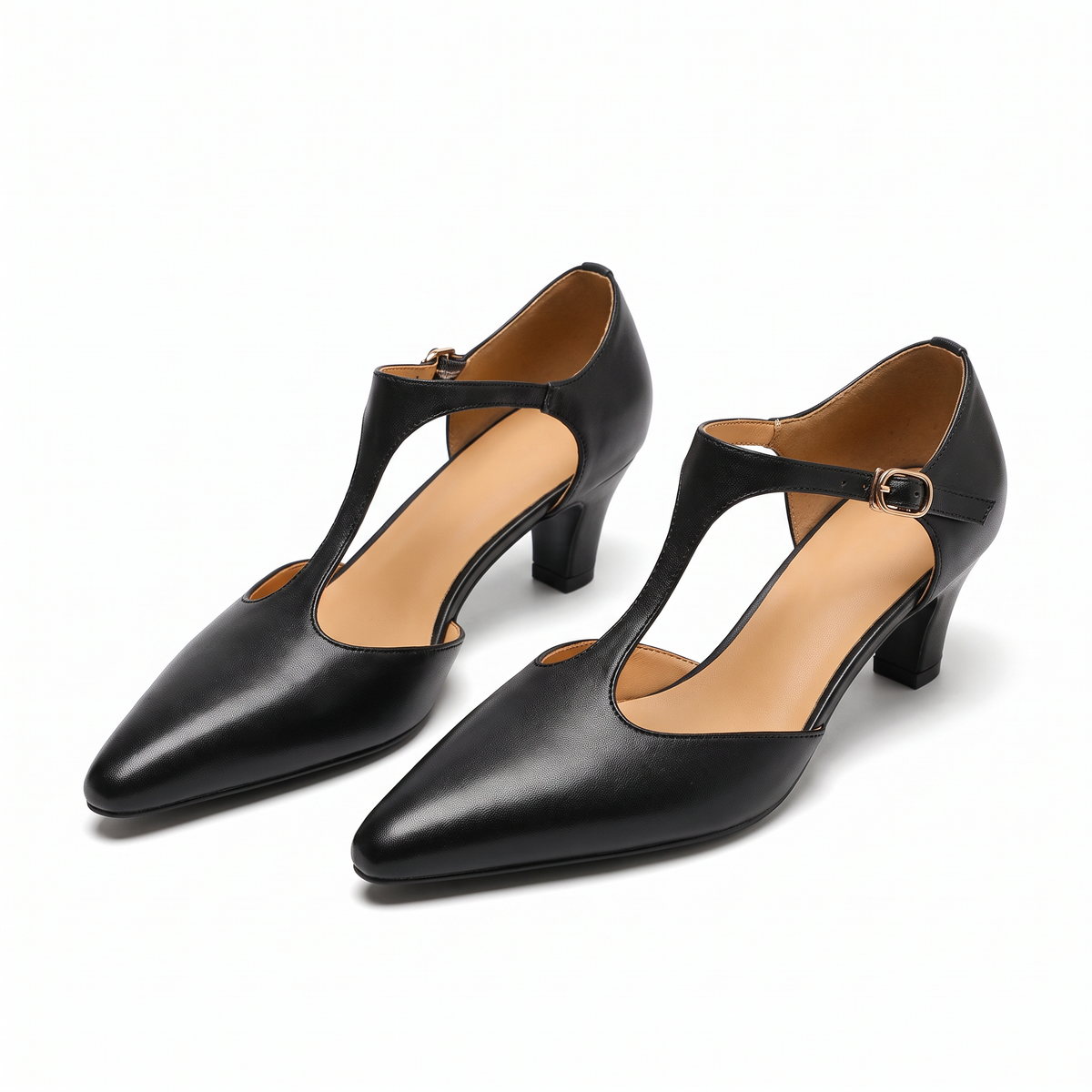 Alma-Cornelia | Women's T-Strap Pointed-Toe Buckle Heels