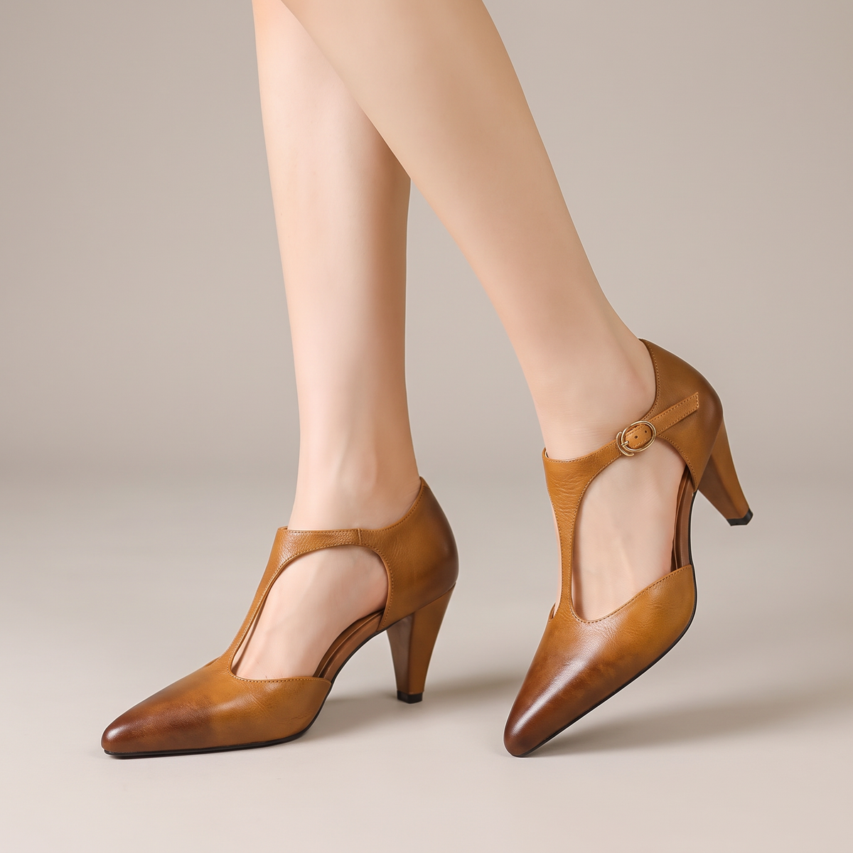 Alma-Cornelia | Women's T-Strap Pointed-Toe Buckle Heels