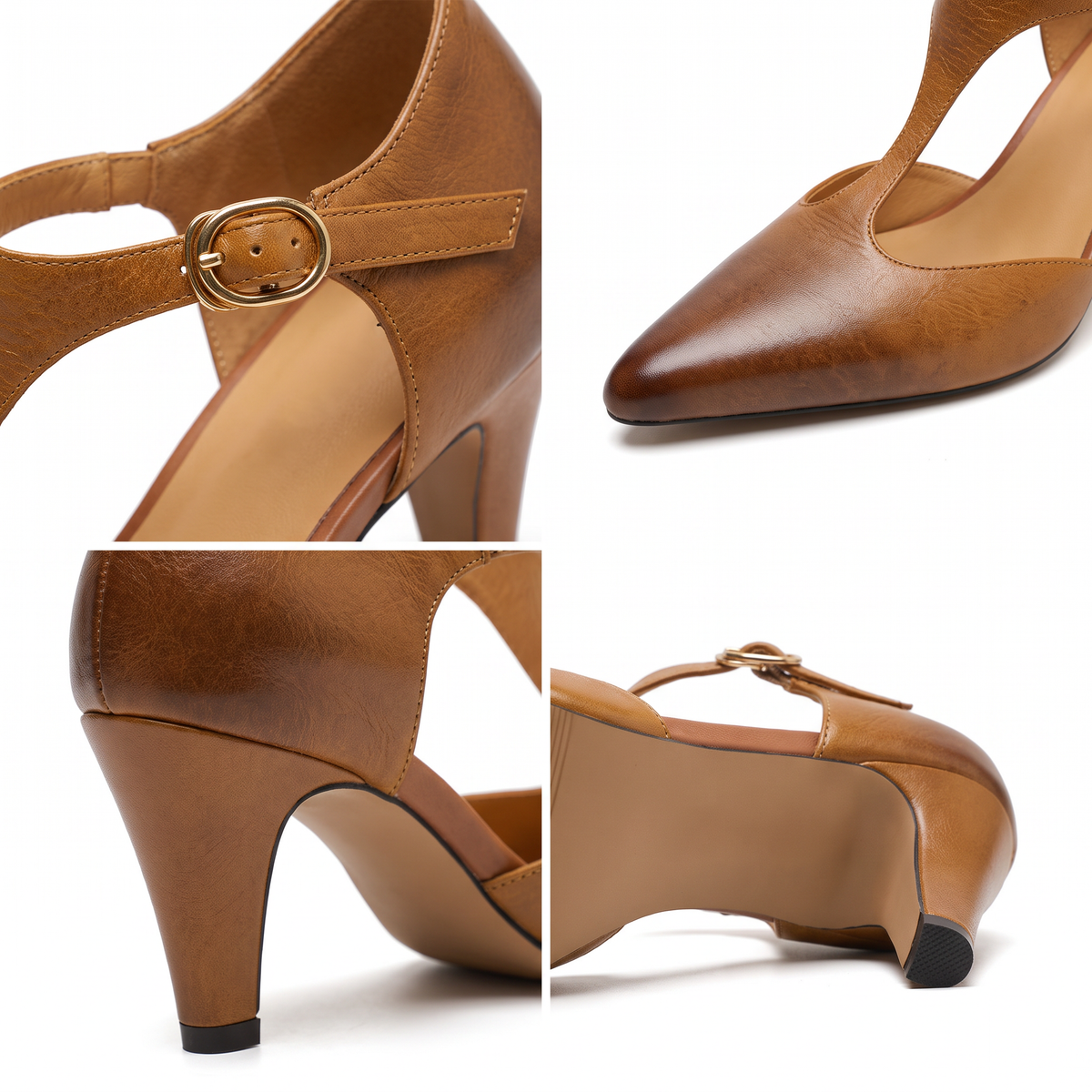 Alma-Cornelia | Women's T-Strap Pointed-Toe Buckle Heels