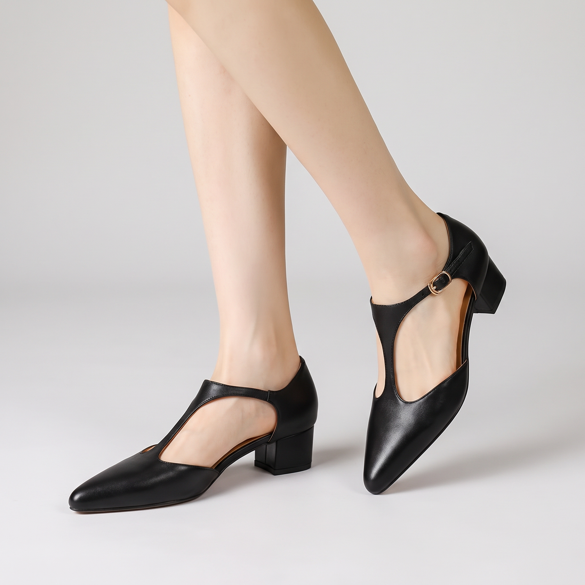 Alma-Cornelia | Women's T-Strap Pointed-Toe Buckle Heels