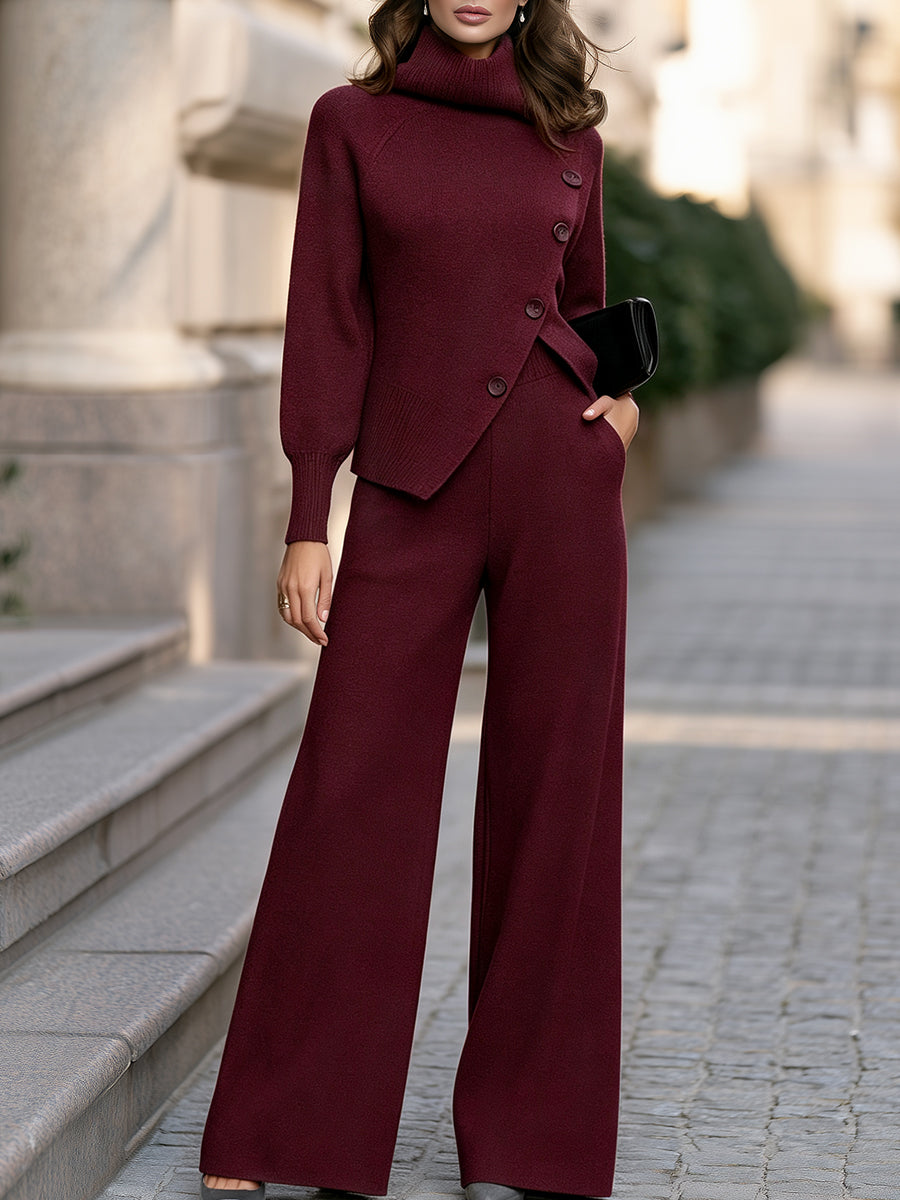 Alma-Daphne | Women's Turtleneck Asymmetric Button Sweater & Wide Leg Pants Set
