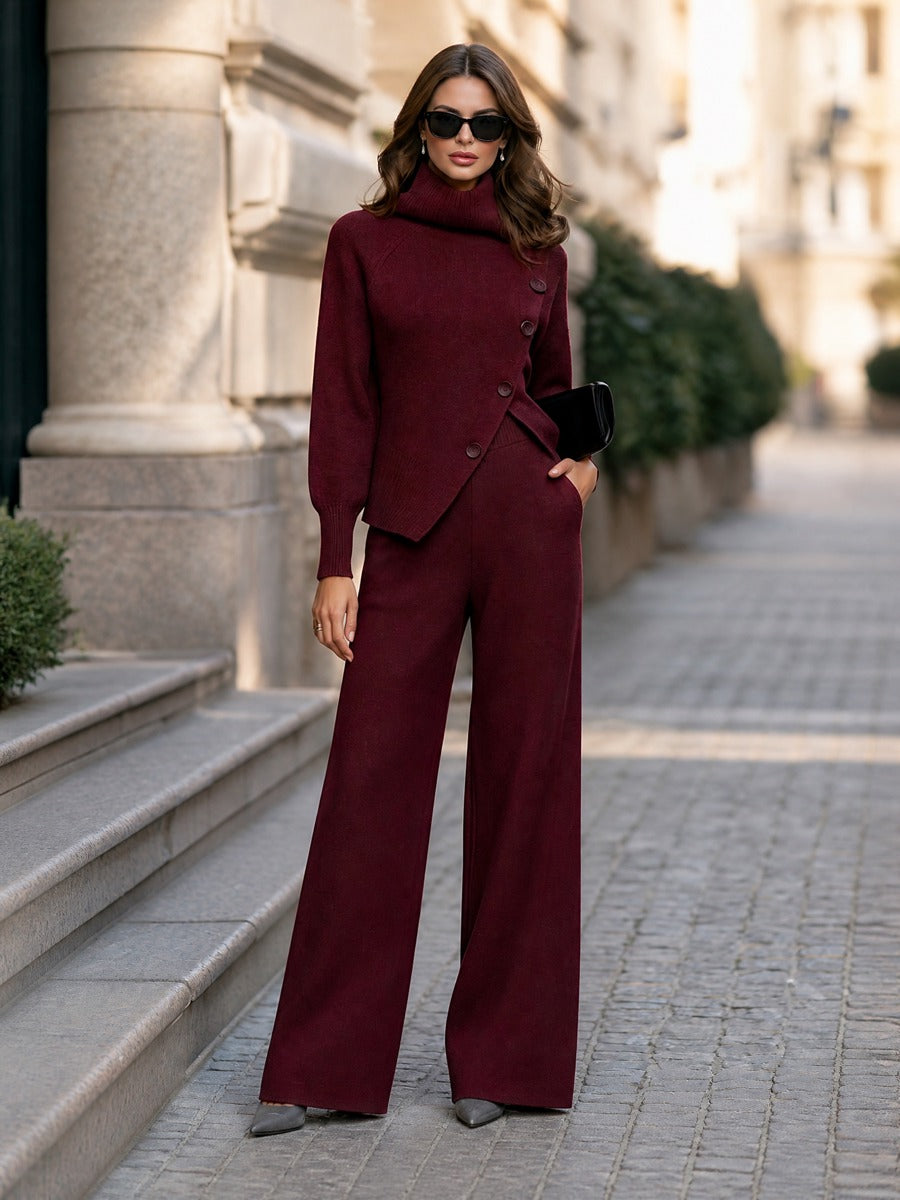 Alma-Daphne | Women's Turtleneck Asymmetric Button Sweater & Wide Leg Pants Set