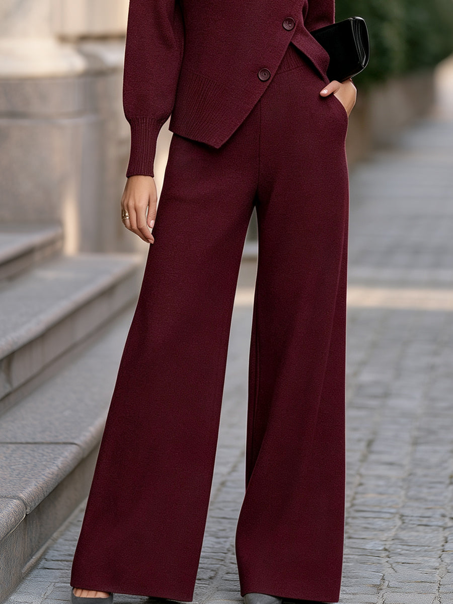 Alma-Daphne | Women's Turtleneck Asymmetric Button Sweater & Wide Leg Pants Set
