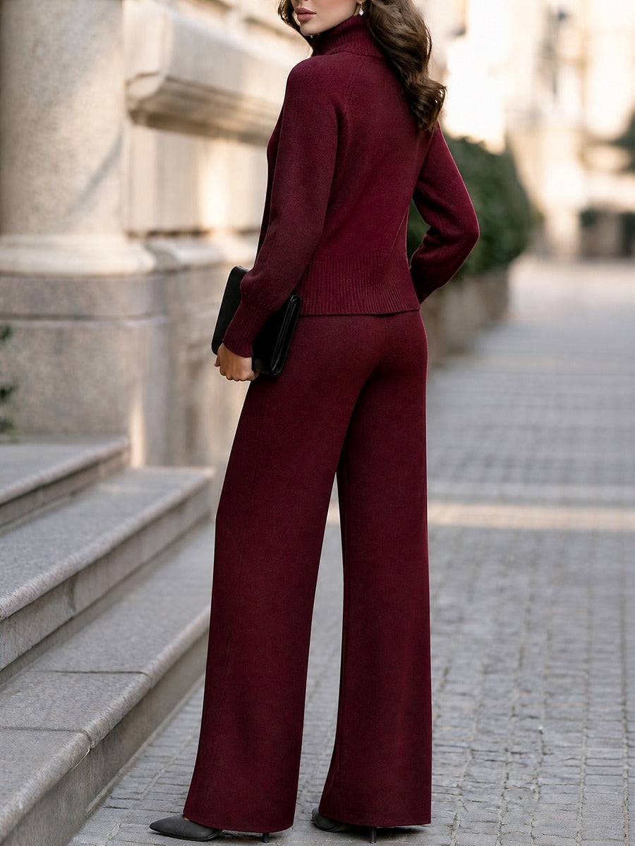 Alma-Daphne | Women's Turtleneck Asymmetric Button Sweater & Wide Leg Pants Set
