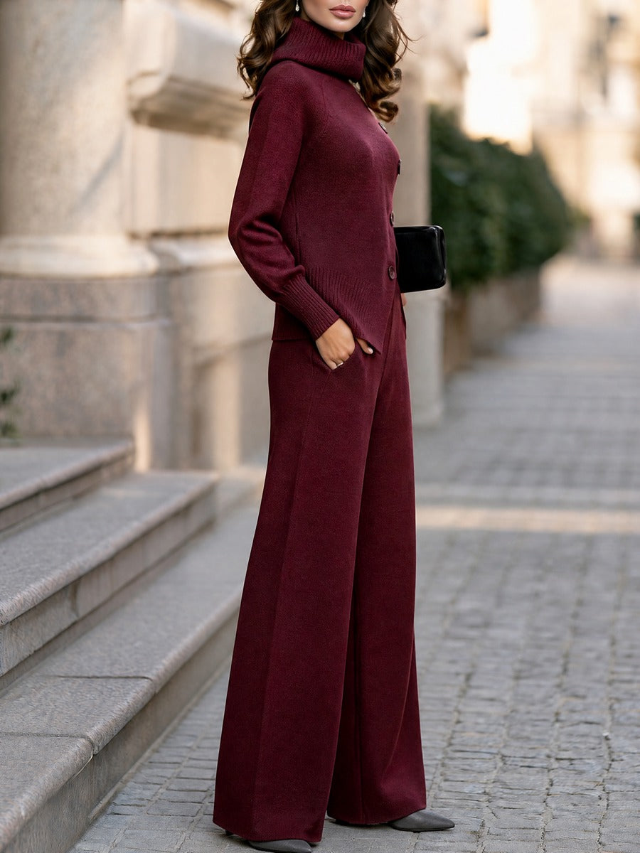 Alma-Daphne | Women's Turtleneck Asymmetric Button Sweater & Wide Leg Pants Set