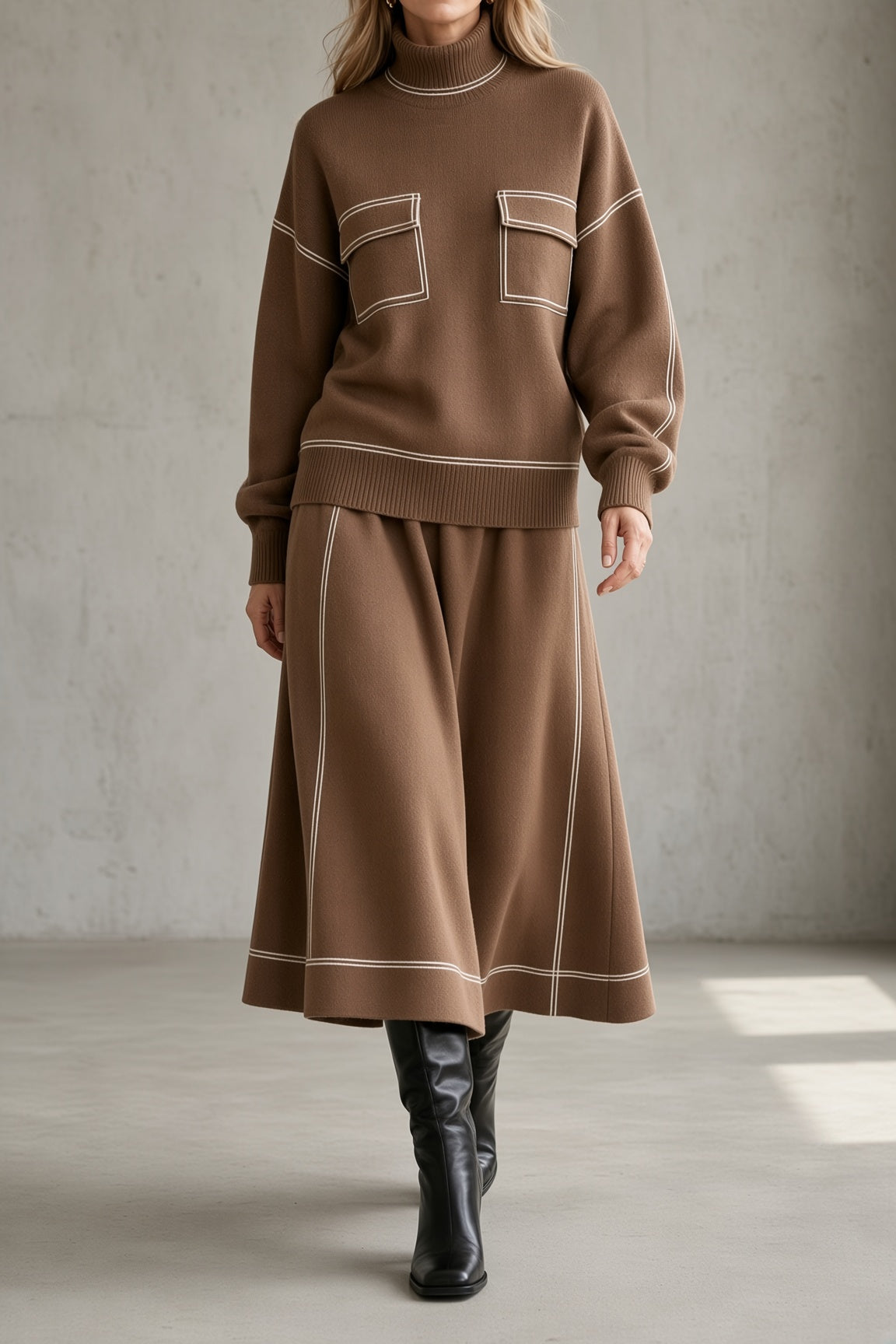 Alma | Women's Turtleneck Knit Top & Flared Skirt Matching Set