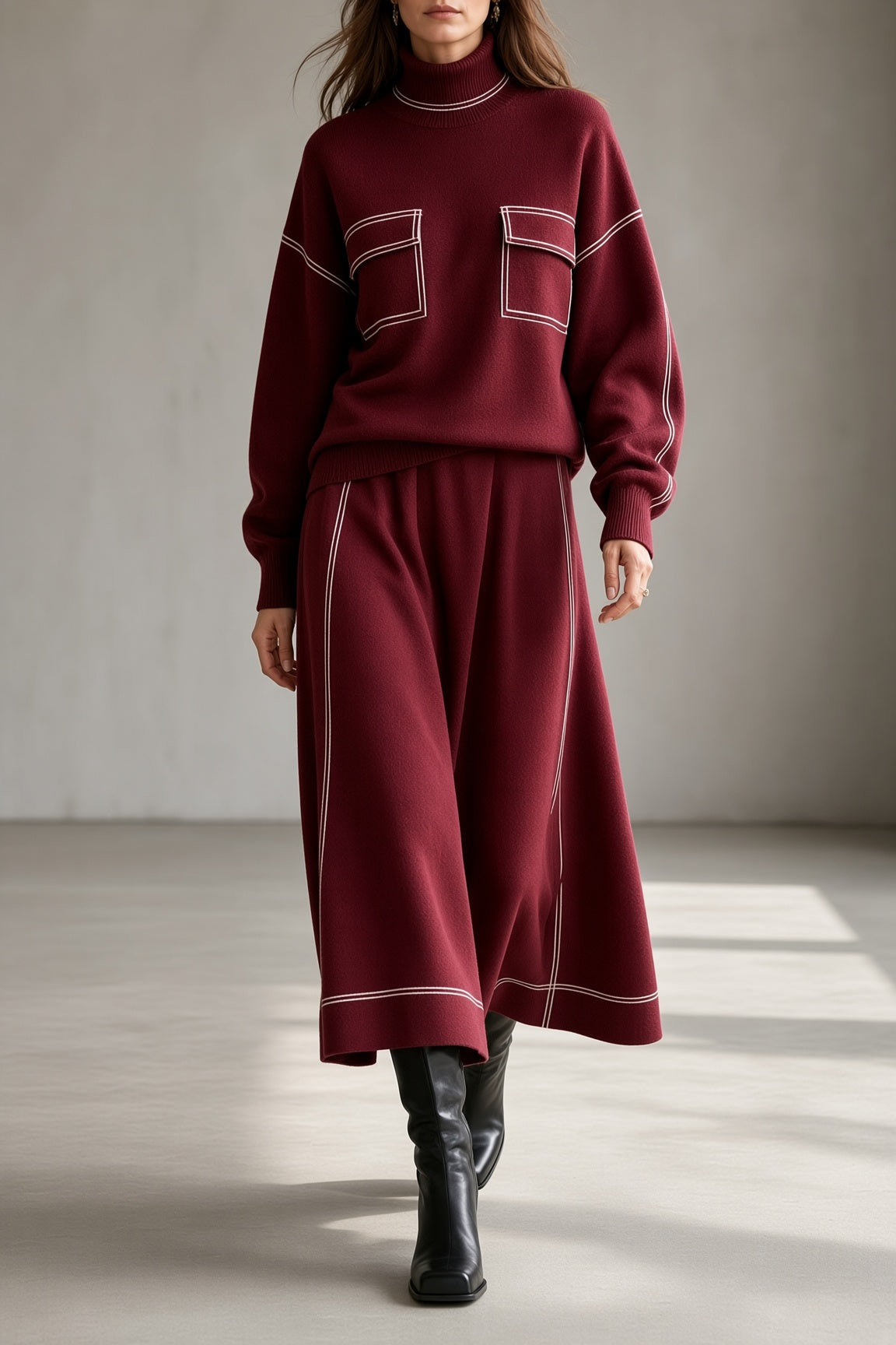 Alma | Women's Turtleneck Knit Top & Flared Skirt Matching Set