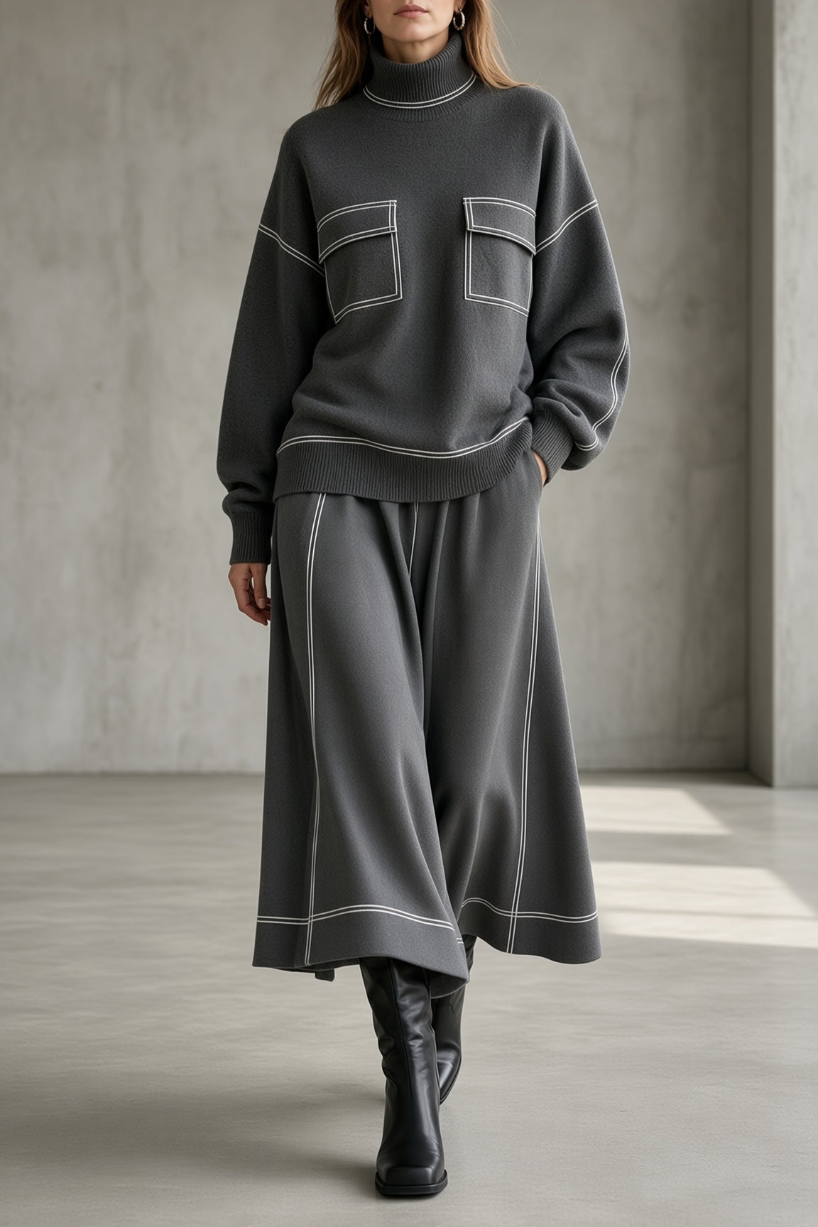 Alma | Women's Turtleneck Knit Top & Flared Skirt Matching Set