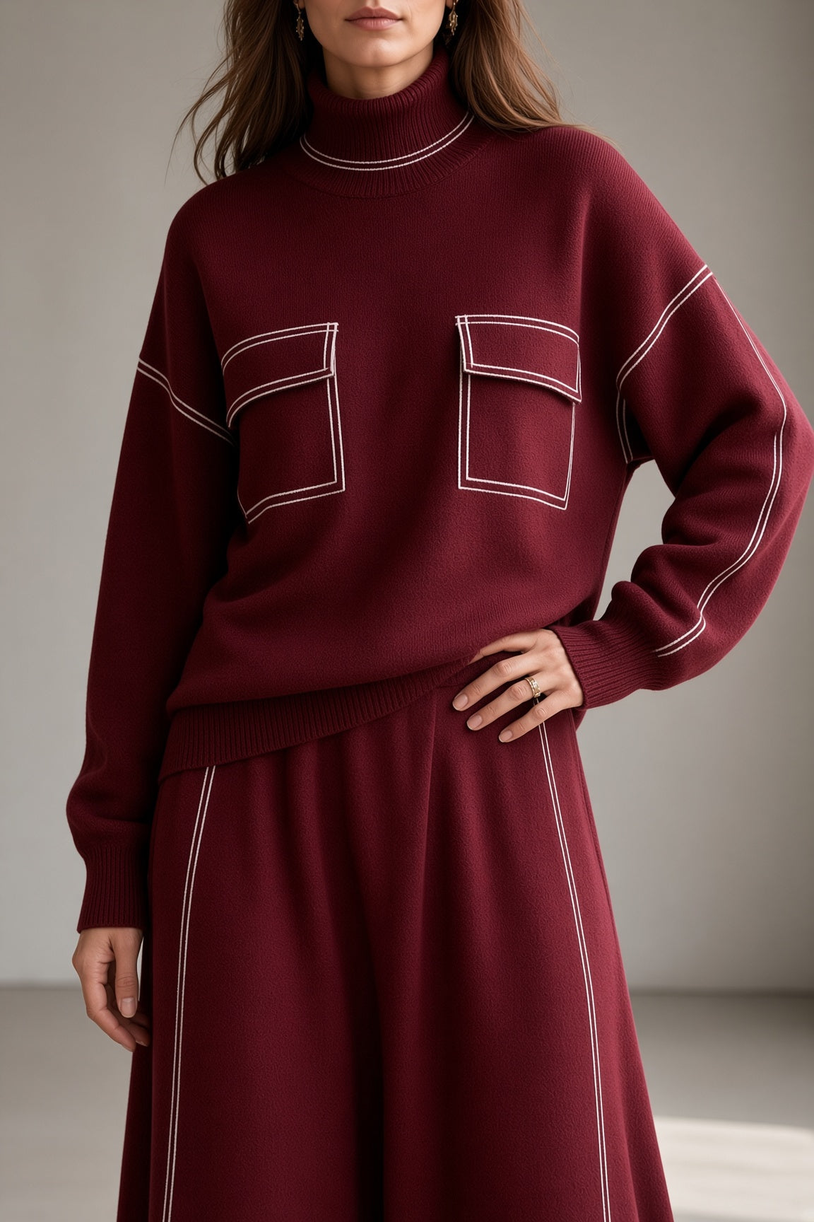 Alma | Women's Turtleneck Knit Top & Flared Skirt Matching Set