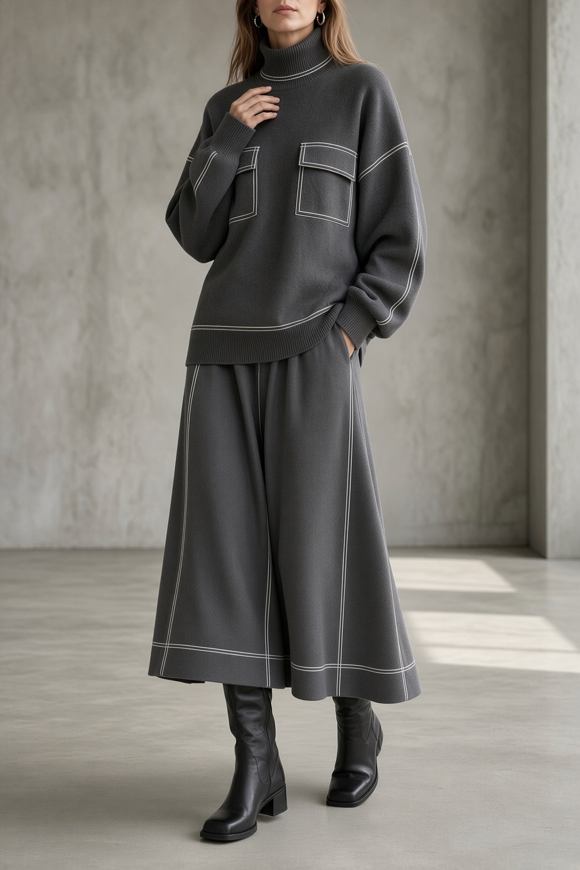 Alma | Women's Turtleneck Knit Top & Flared Skirt Matching Set