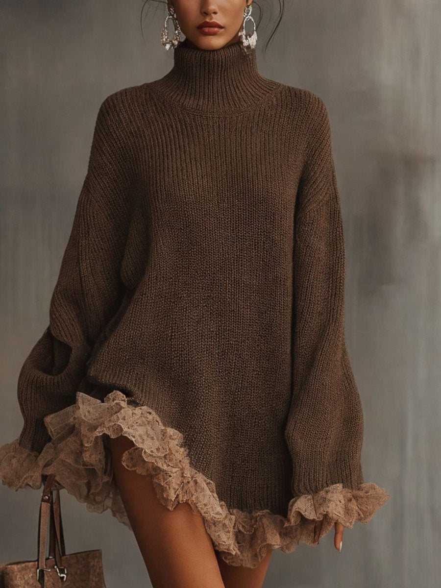 Nadine-Lottie | Women's Turtleneck Ribbed-Knit Oversized Mini Dress with Lace Trim