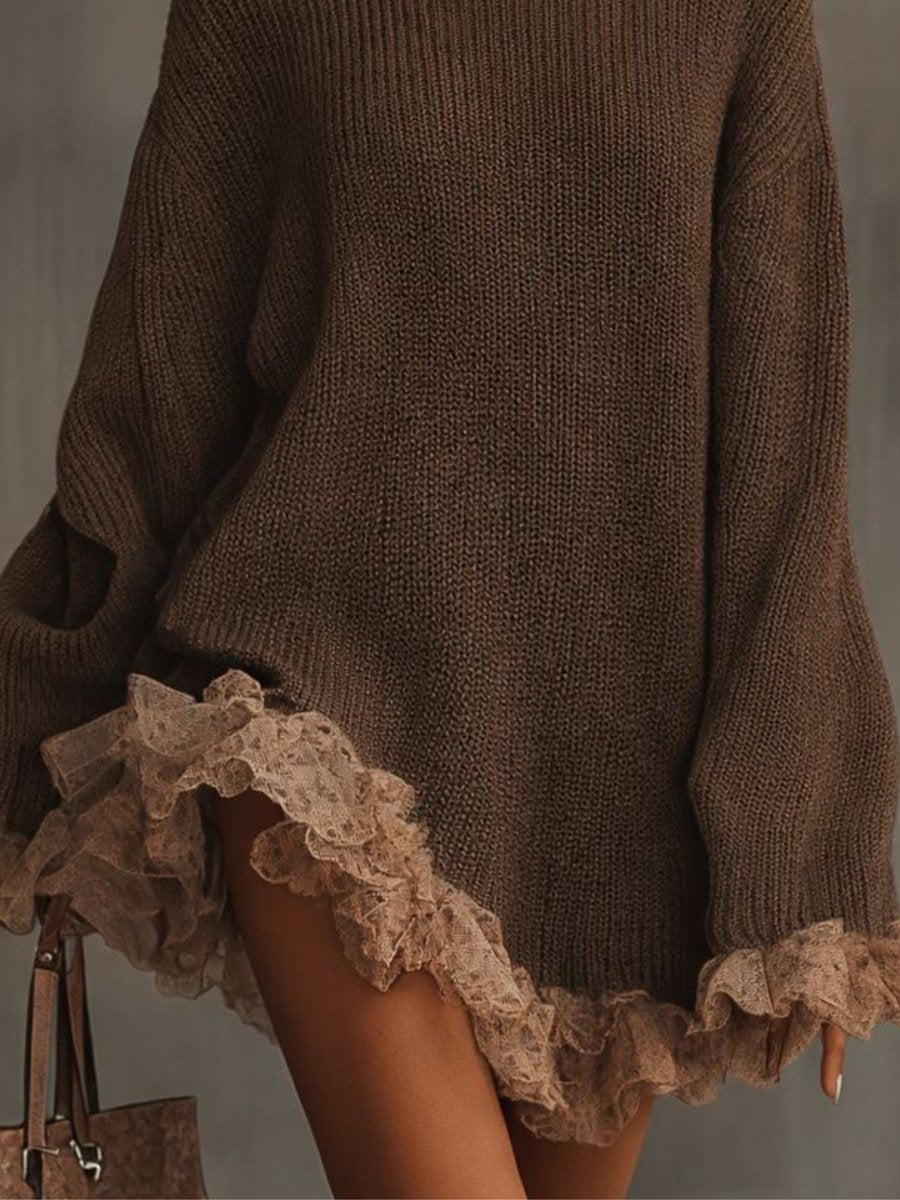 Nadine-Lottie | Women's Turtleneck Ribbed-Knit Oversized Mini Dress with Lace Trim