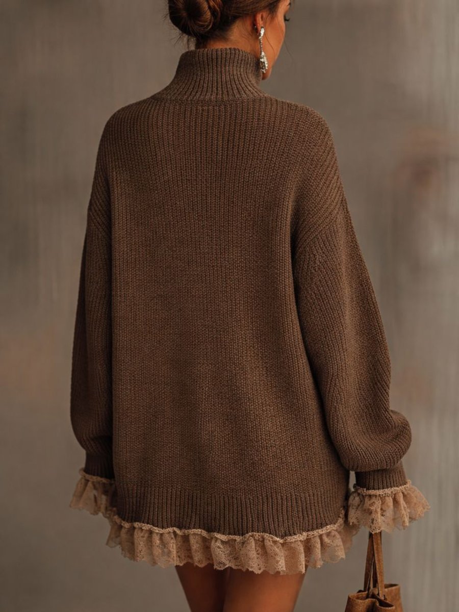 Nadine-Lottie | Women's Turtleneck Ribbed-Knit Oversized Mini Dress with Lace Trim