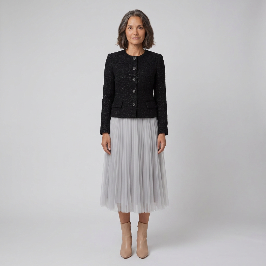 Frances-Viola | Women's Tweed Jacket & Pleated Tulle Midi Skirt Set
