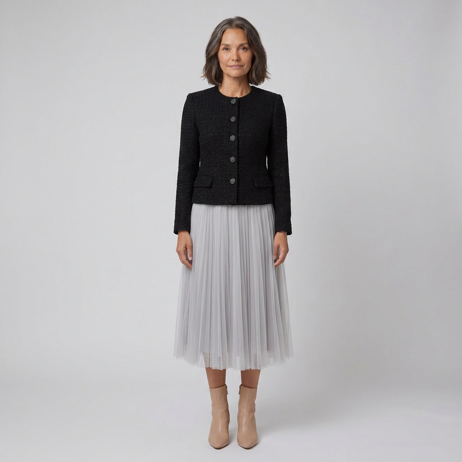 Frances-Viola | Women's Tweed Jacket & Pleated Tulle Midi Skirt Set