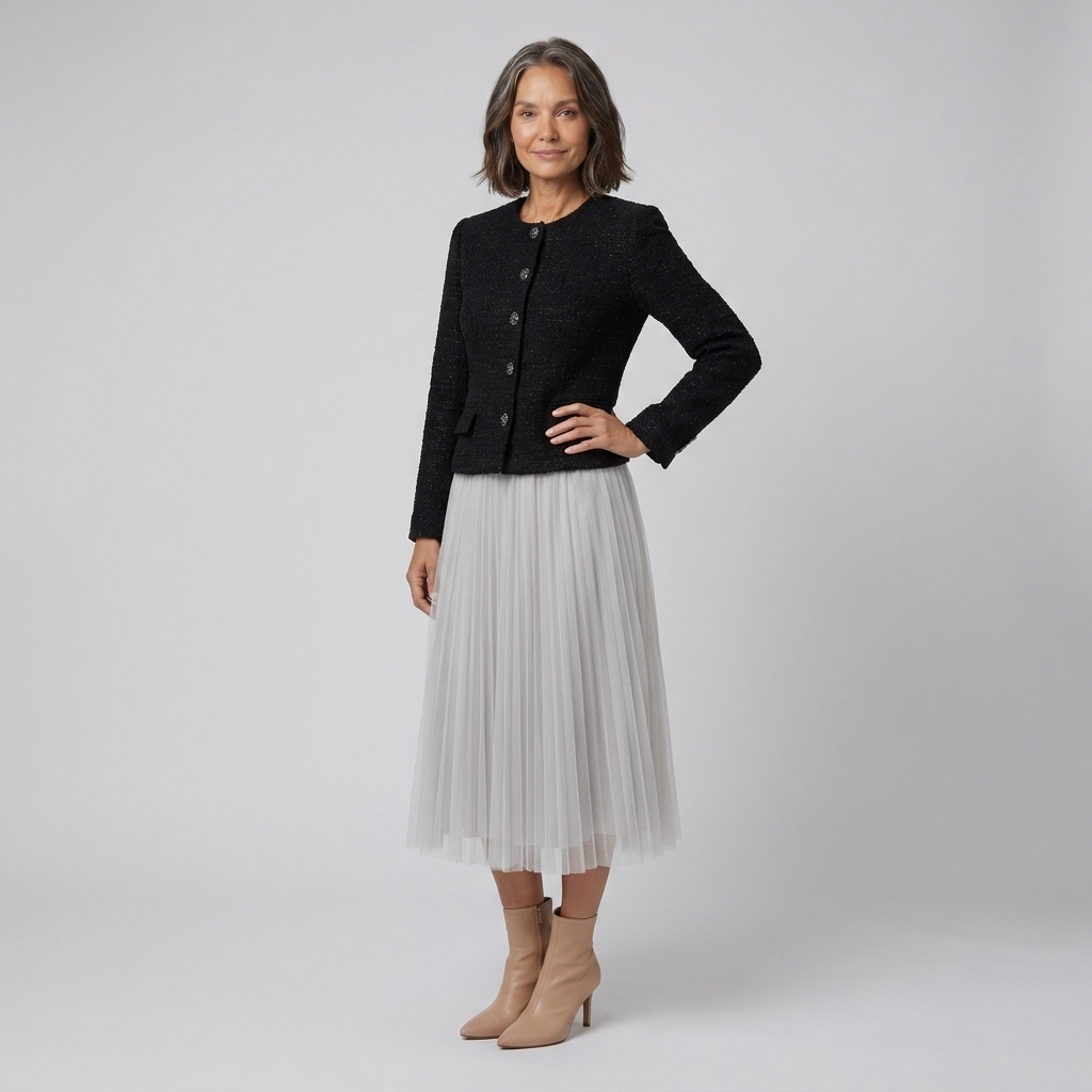 Frances-Viola | Women's Tweed Jacket & Pleated Tulle Midi Skirt Set