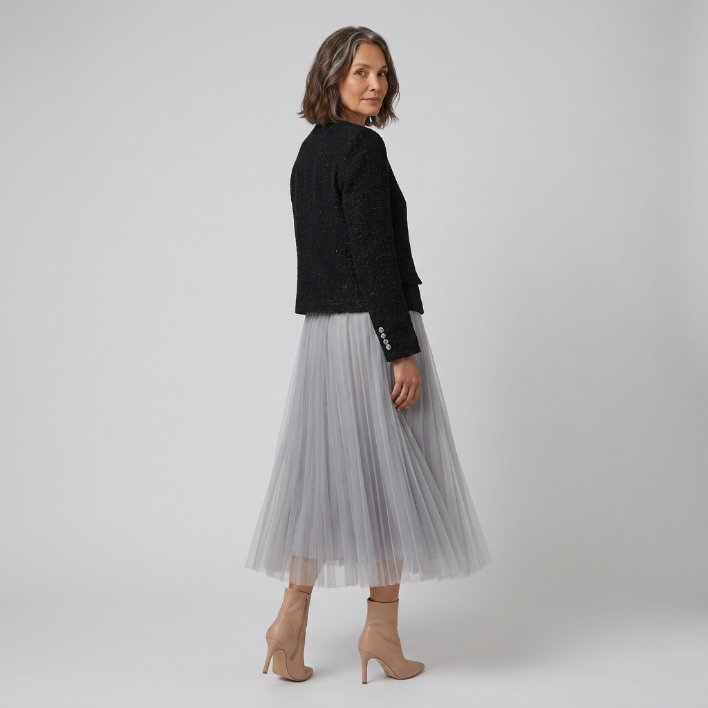 Frances-Viola | Women's Tweed Jacket & Pleated Tulle Midi Skirt Set