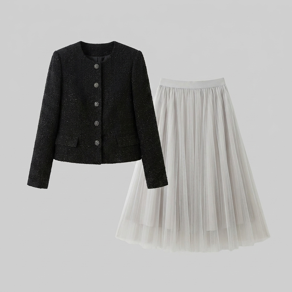 Frances-Viola | Women's Tweed Jacket & Pleated Tulle Midi Skirt Set