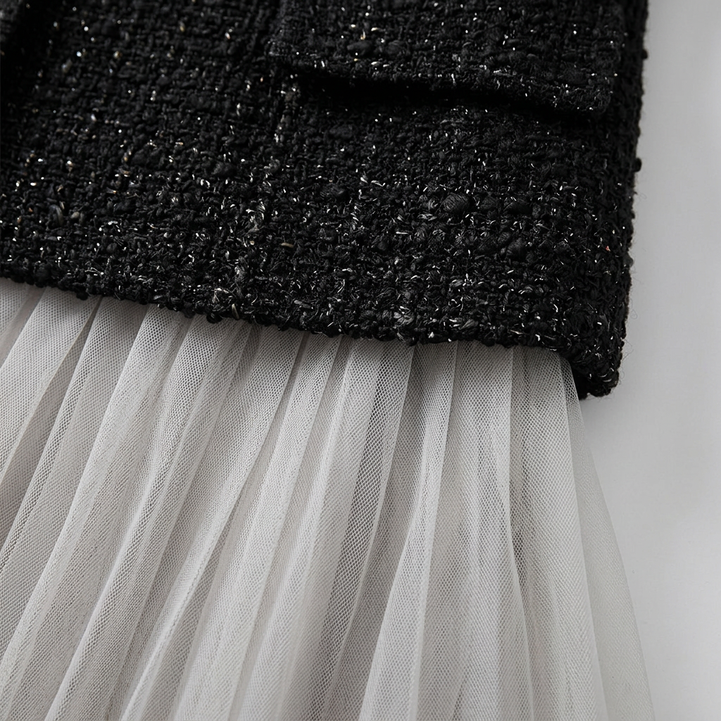 Frances-Viola | Women's Tweed Jacket & Pleated Tulle Midi Skirt Set