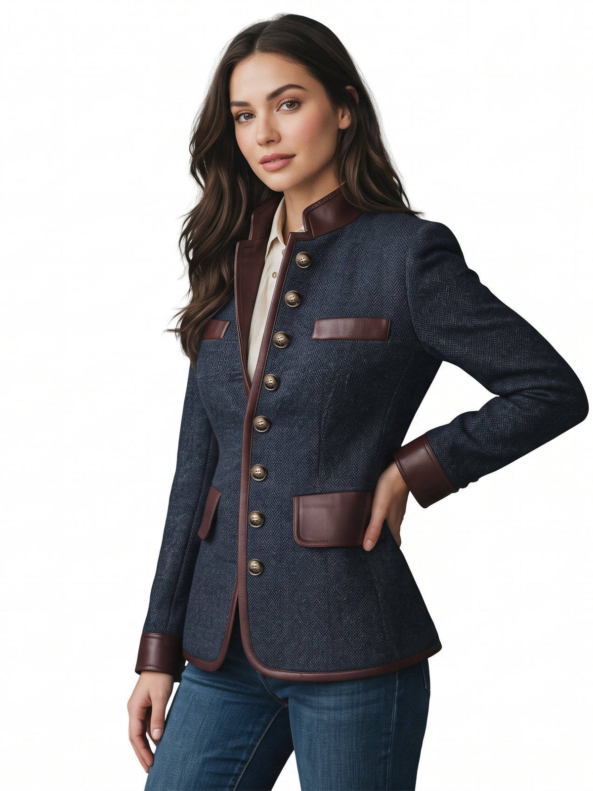 Dorothea-Henrietta | Women's Tweed Leather-Trim Tailored Blazer
