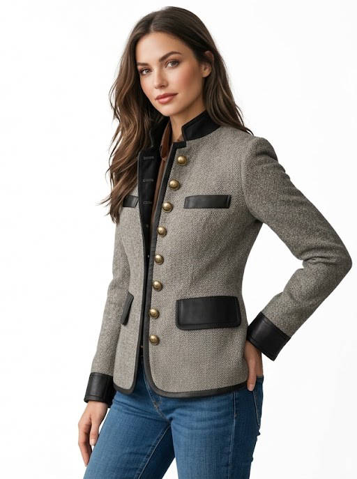 Dorothea-Henrietta | Women's Tweed Leather-Trim Tailored Blazer