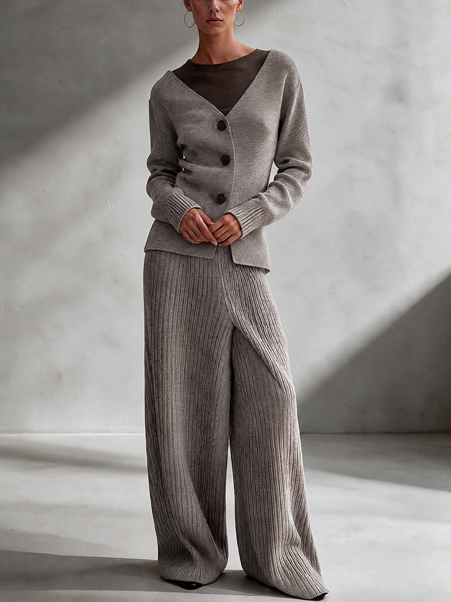 Roberta-Matilda | Women's V-Neck Knit Top & Wide-Leg Trouser Set
