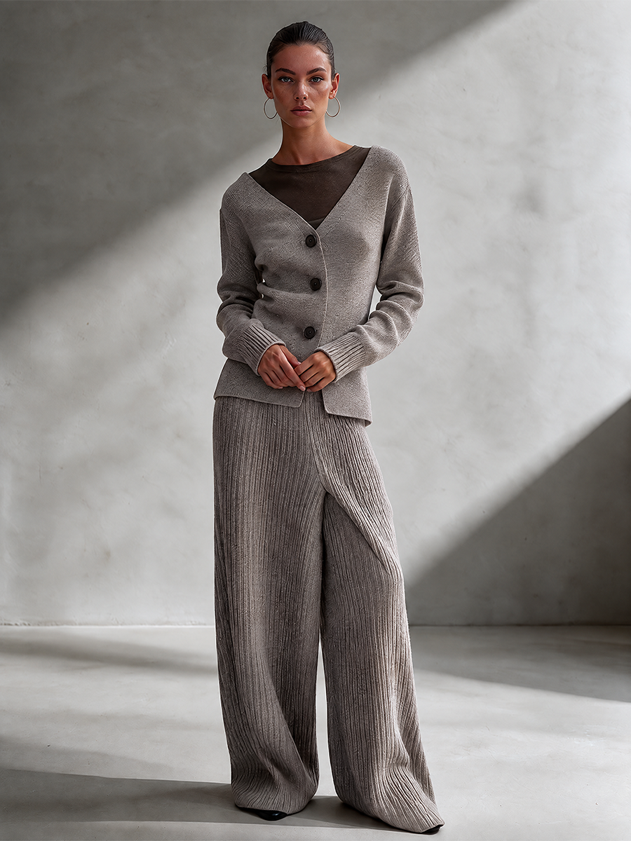 Roberta-Matilda | Women's V-Neck Knit Top & Wide-Leg Trouser Set