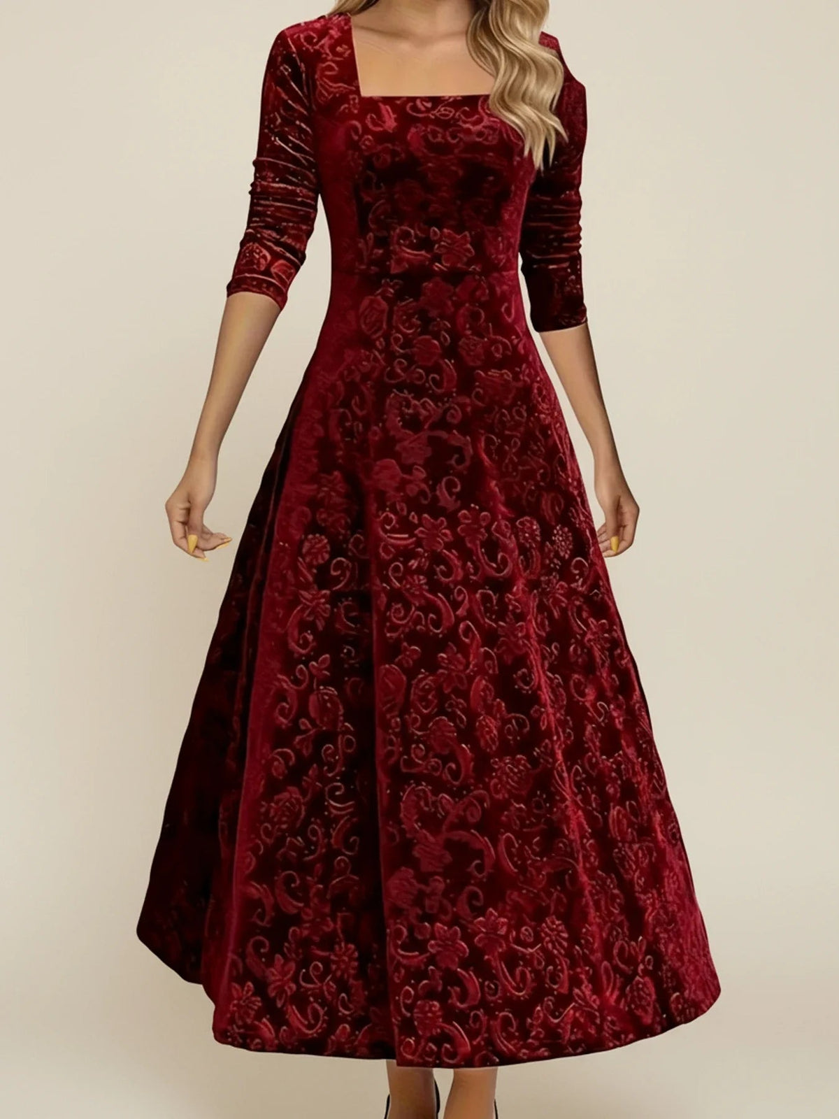 Lydia | Women's Velvet-Feel Jacquard Square-Neck Maxi Dress