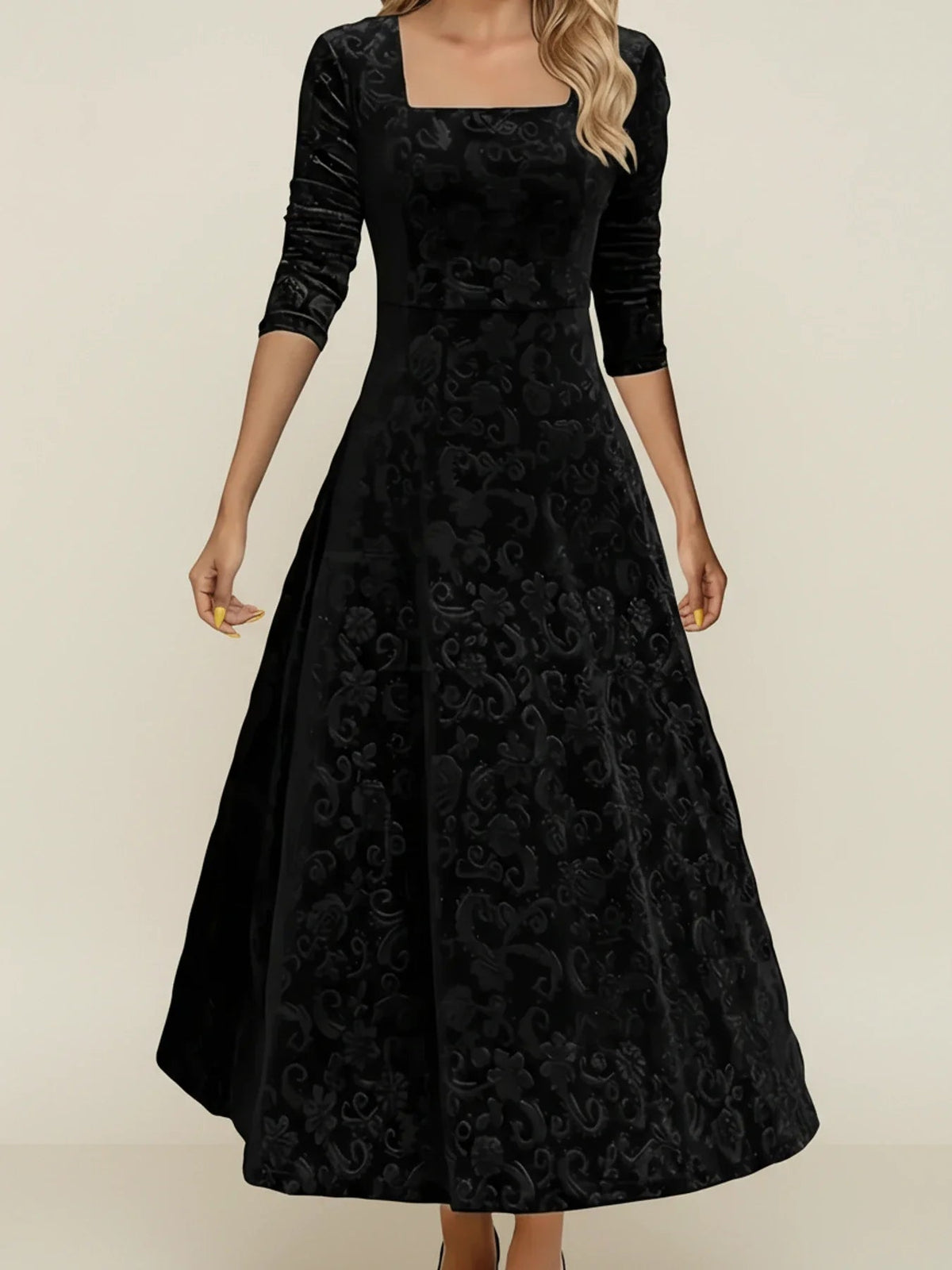 Lydia | Women's Velvet-Feel Jacquard Square-Neck Maxi Dress