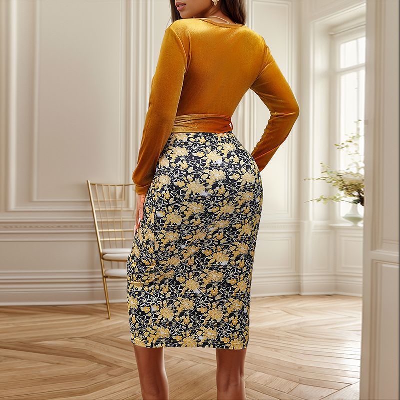 Priscilla-Gilda | Women's Velvet-Feel Wrap Midi Dress with Floral Jacquard Skirt