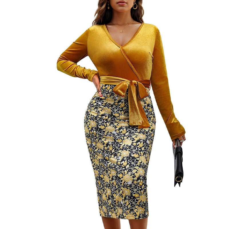 Priscilla-Gilda | Women's Velvet-Feel Wrap Midi Dress with Floral Jacquard Skirt