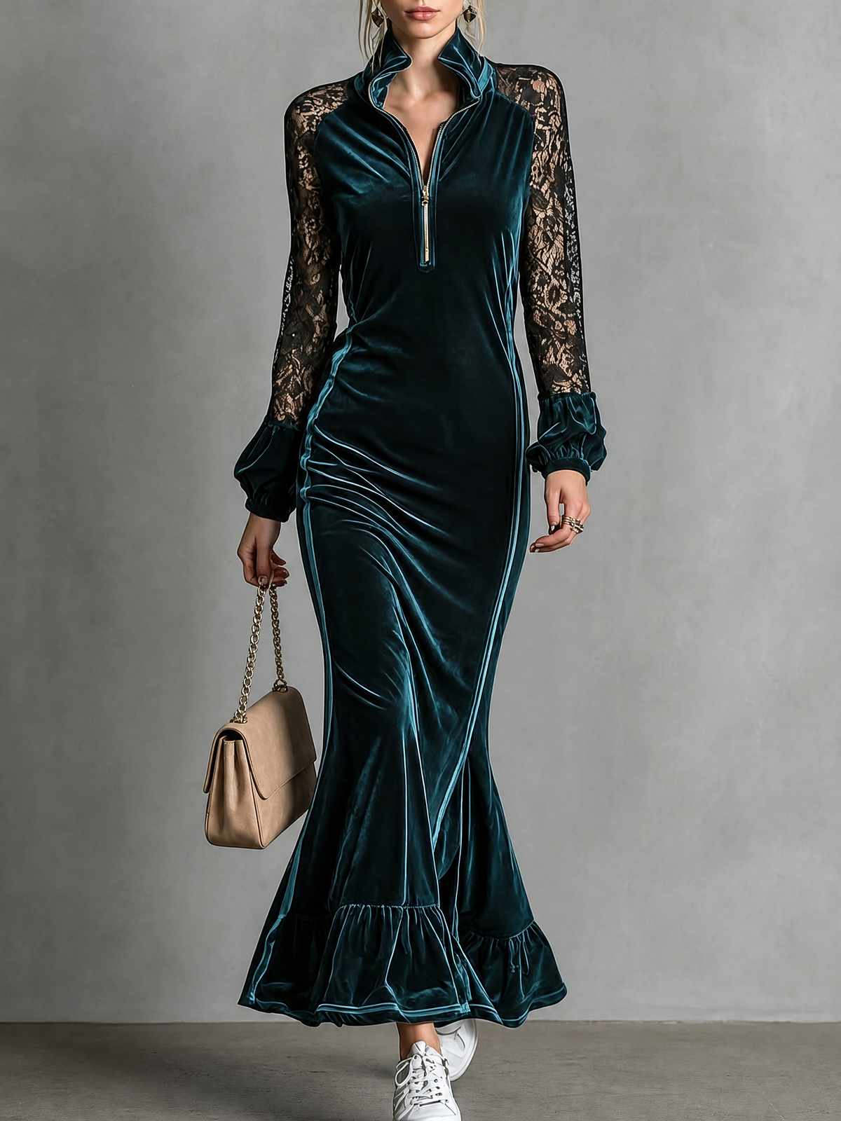 Renata | Women's Velvet Lace-Sleeve Mermaid Maxi Dress