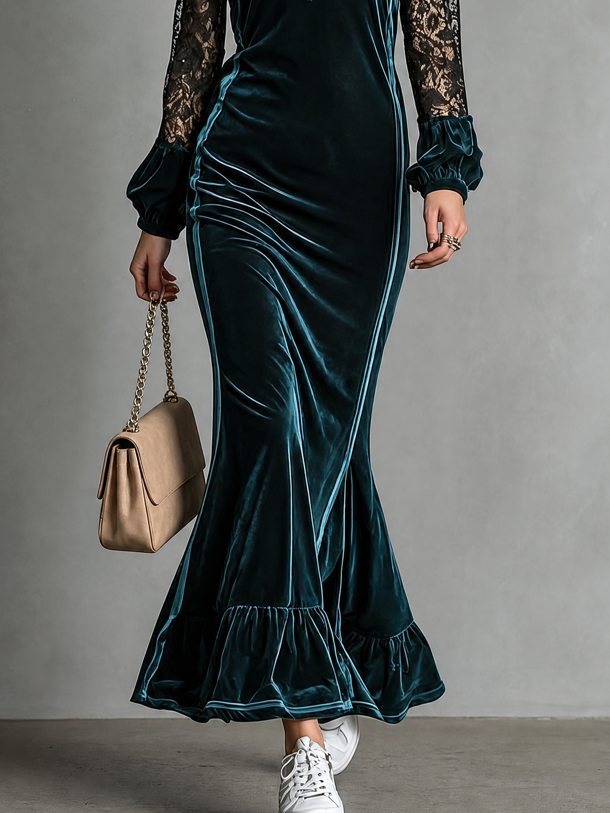 Renata | Women's Velvet Lace-Sleeve Mermaid Maxi Dress