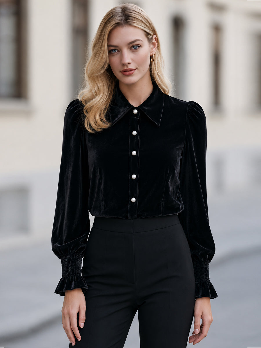 June | Women's Velvet Pearl-Button Blouse with Smocked Ruffle Cuffs