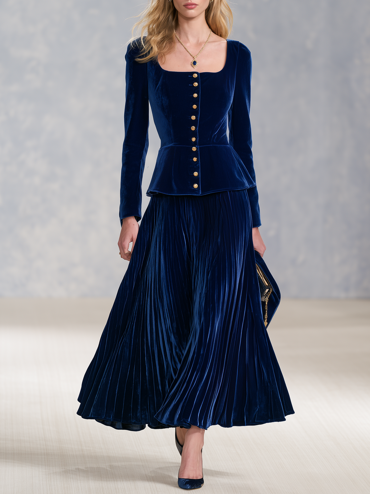 Helena | Women's Velvet Pleated Skirt Set with Peplum Top
