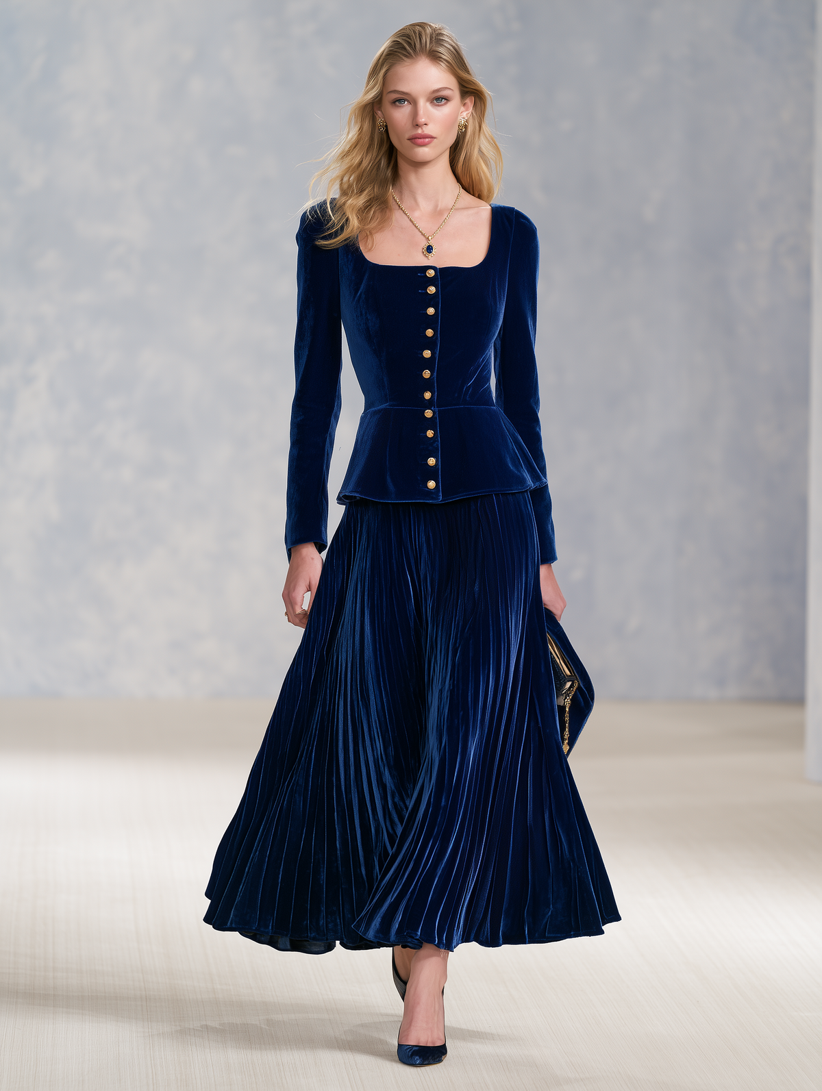Helena | Women's Velvet Pleated Skirt Set with Peplum Top