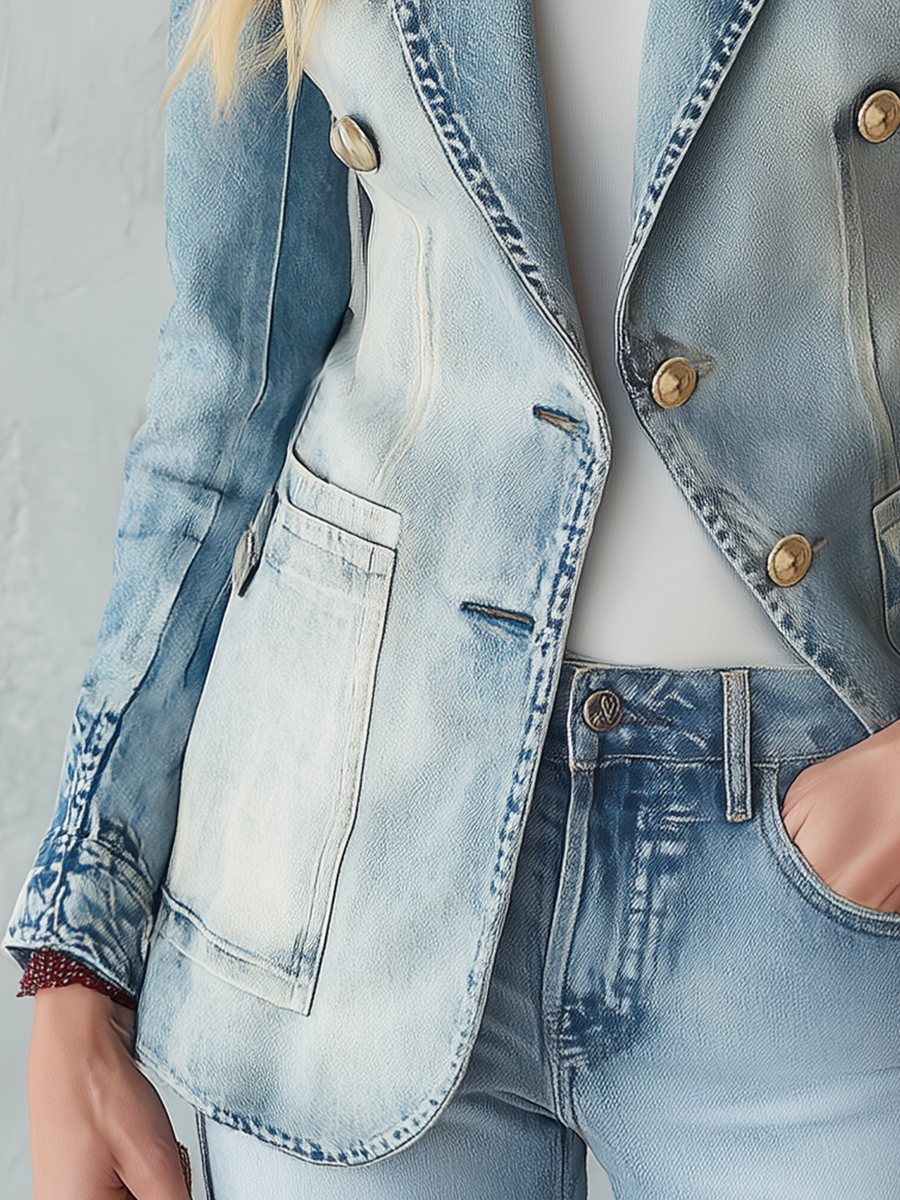 Iris-Rhea | Women's Vintage Double-Breasted Denim Blazer