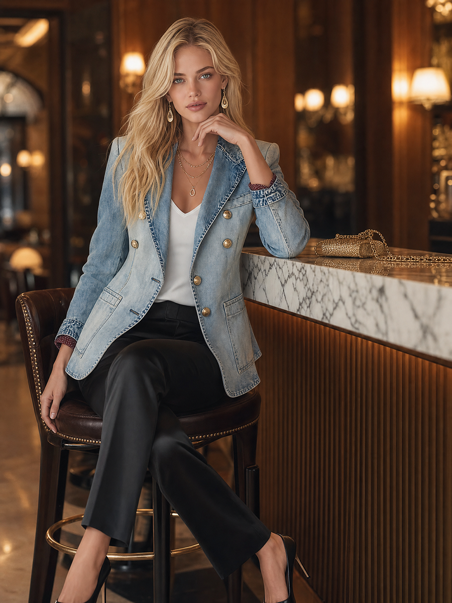 Iris-Rhea | Women's Vintage Double-Breasted Denim Blazer