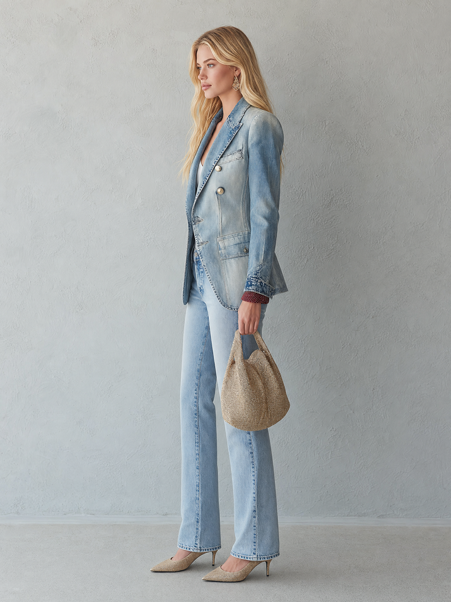 Iris-Rhea | Women's Vintage Double-Breasted Denim Blazer