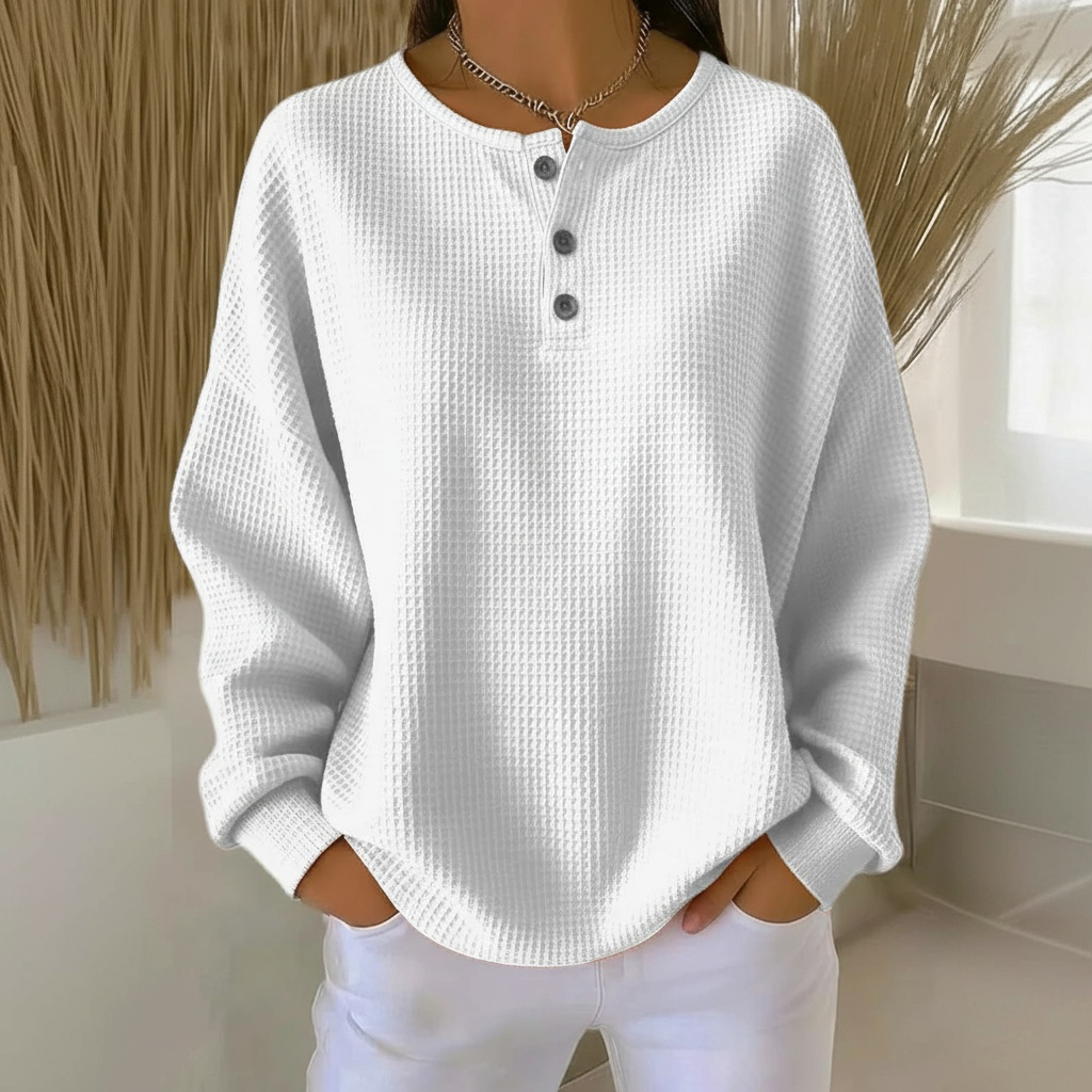 Beatrix-Iris | Women's Waffle Knit Henley Jumper with Button Detail