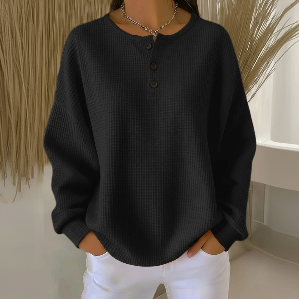 Beatrix-Iris | Women's Waffle Knit Henley Jumper with Button Detail