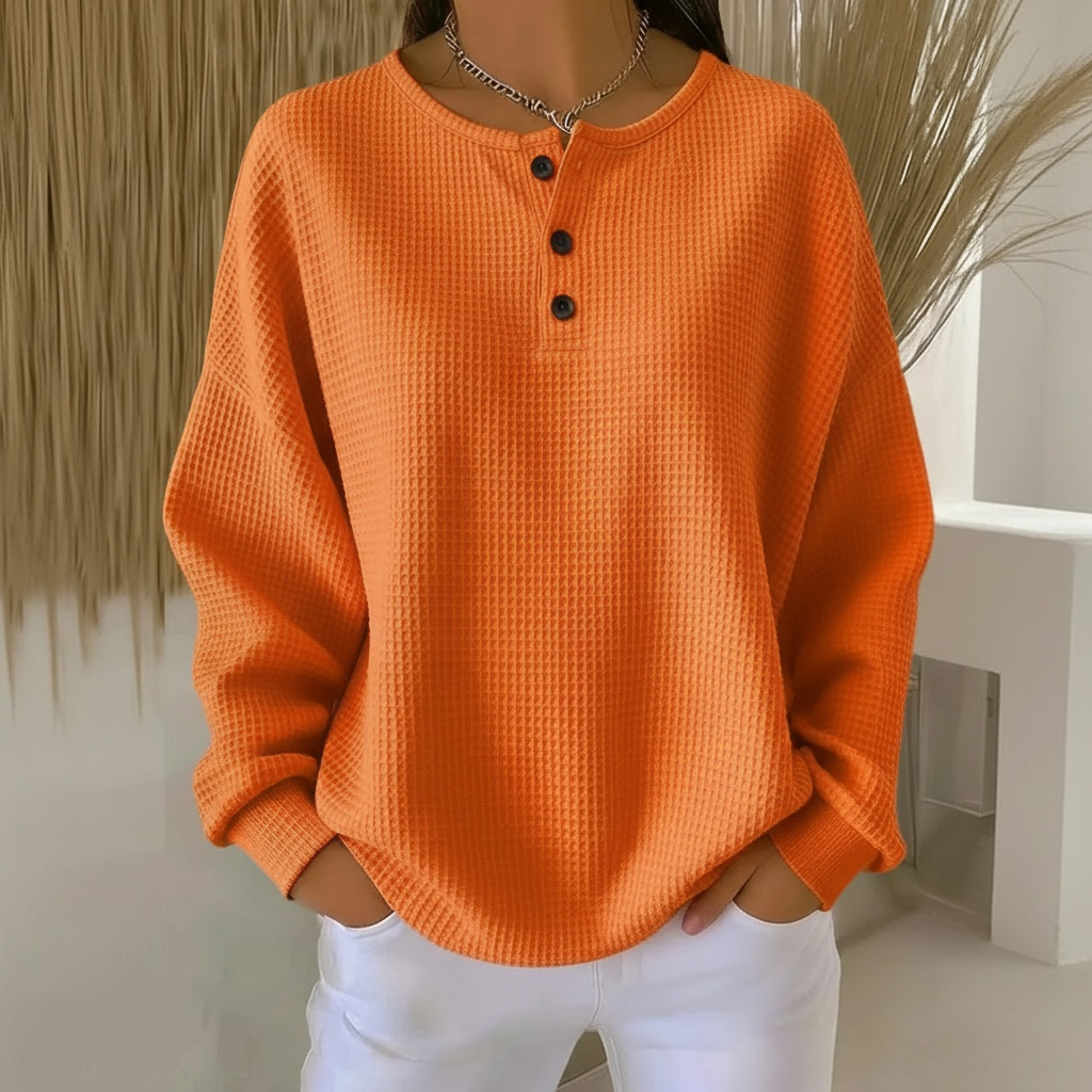 Beatrix-Iris | Women's Waffle Knit Henley Jumper with Button Detail