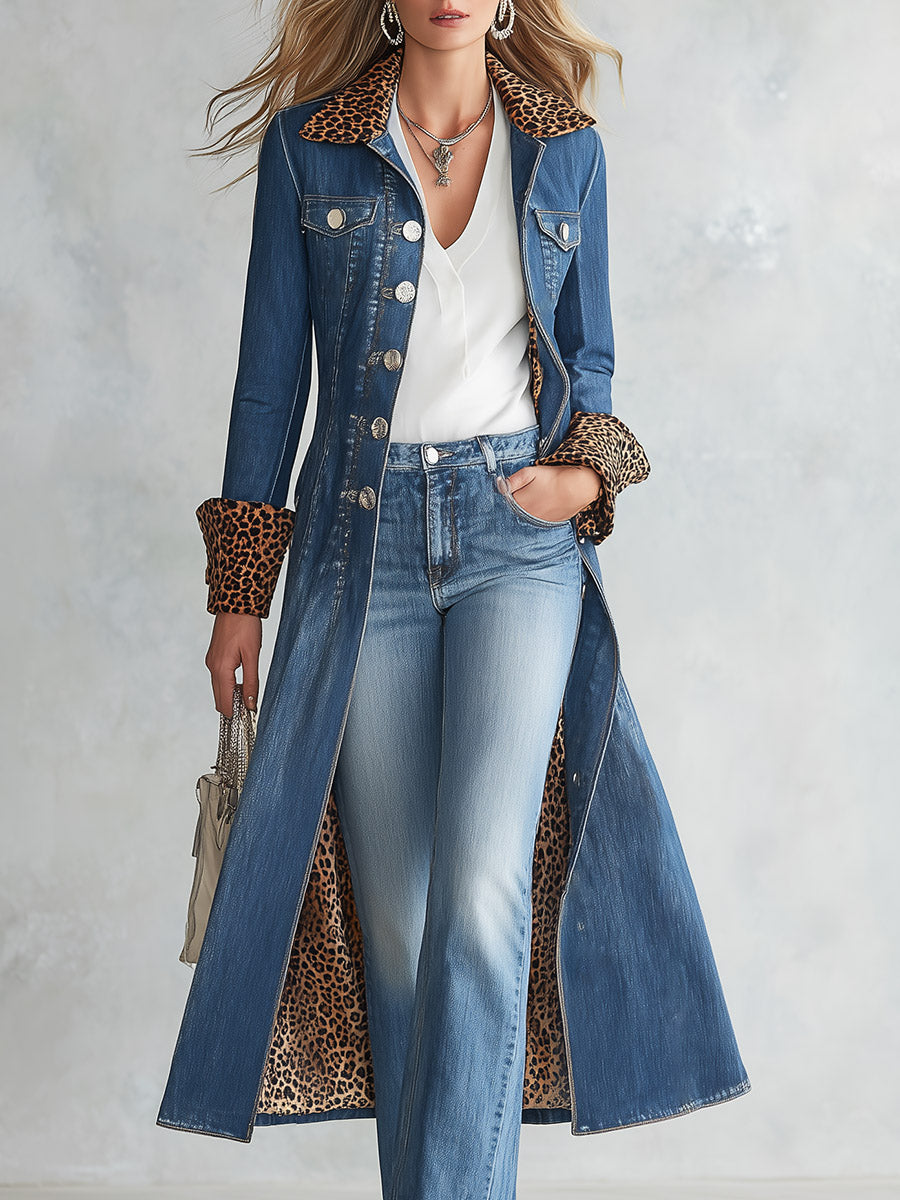 Sigrid | Women's Western-Style Leopard-Trim Denim Trench Coat