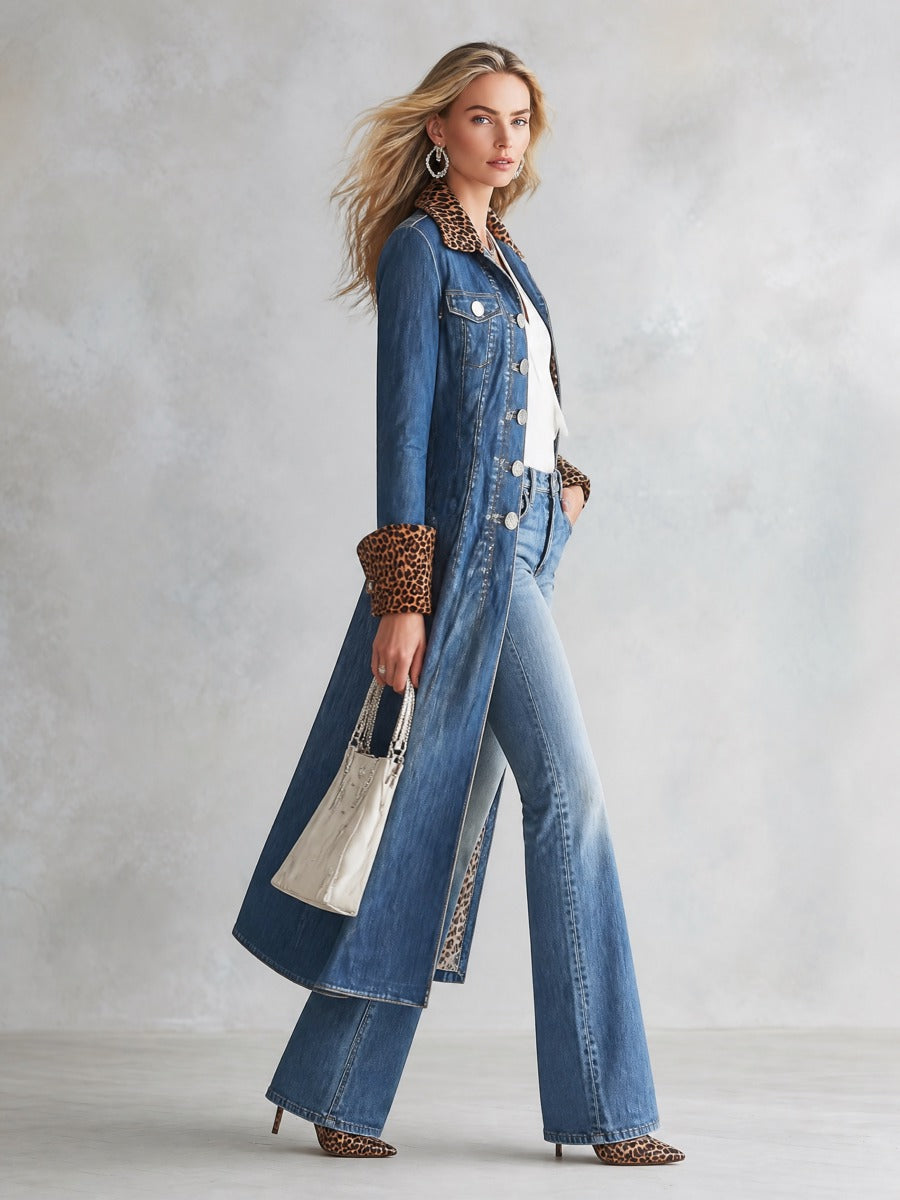 Sigrid | Women's Western-Style Leopard-Trim Denim Trench Coat
