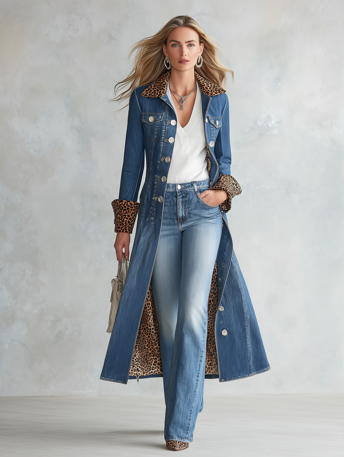Sigrid | Women's Western-Style Leopard-Trim Denim Trench Coat
